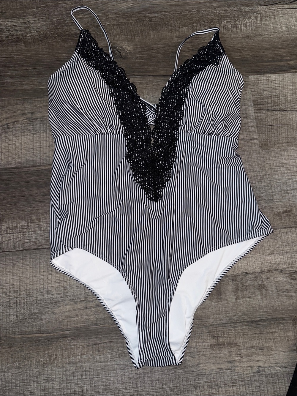 Cupshe Black & White Striped Kids One-Piece Swimsuit with Lace Trim